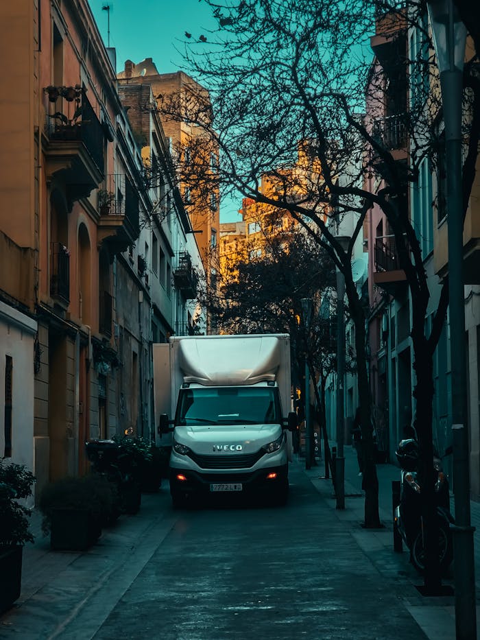 City street scene featuring a truck among urban buildings and trees, captured in a vibrant setting.